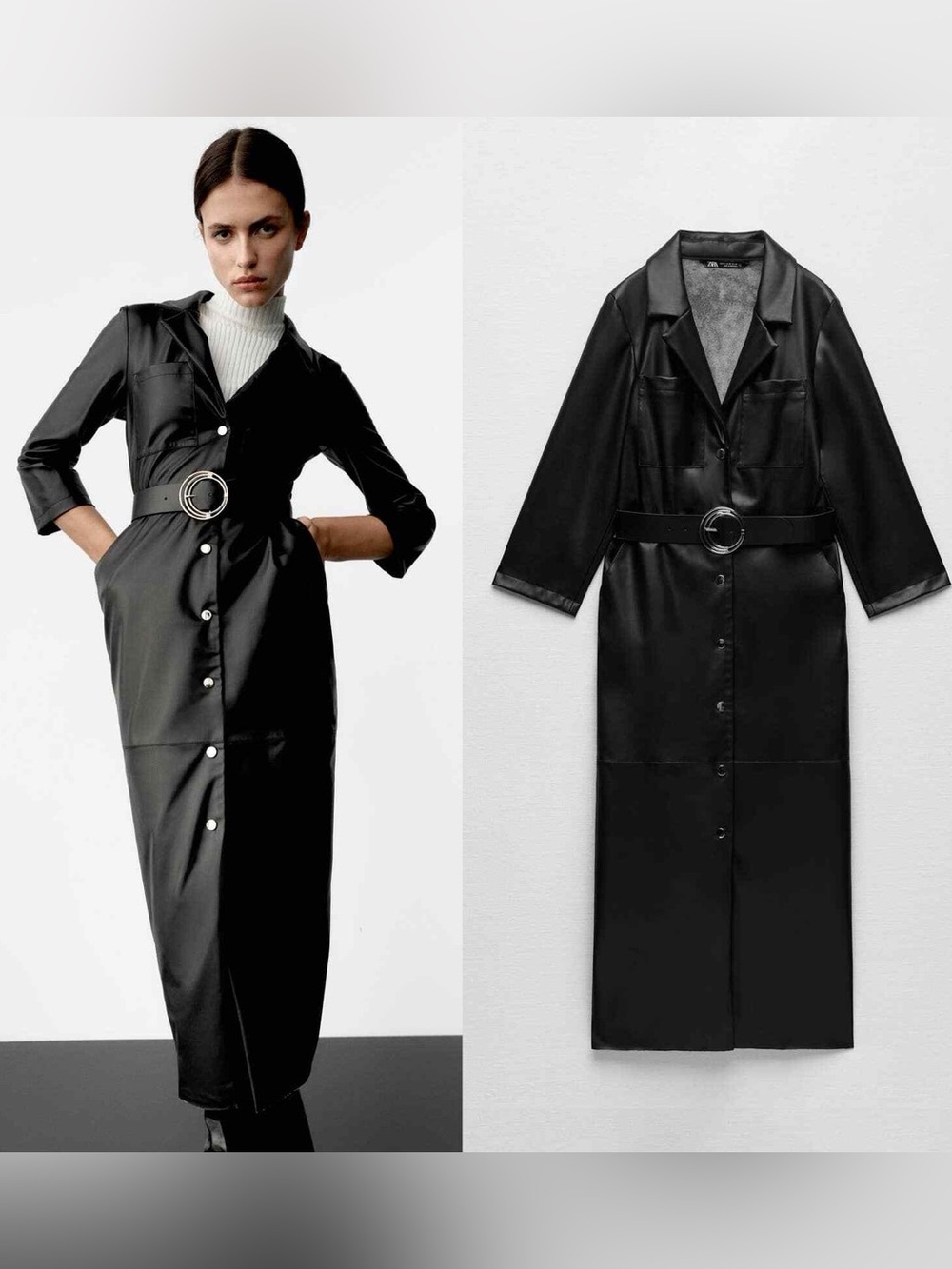 Zara Faux Leather Belted Shirt Dress Midi Black Size L